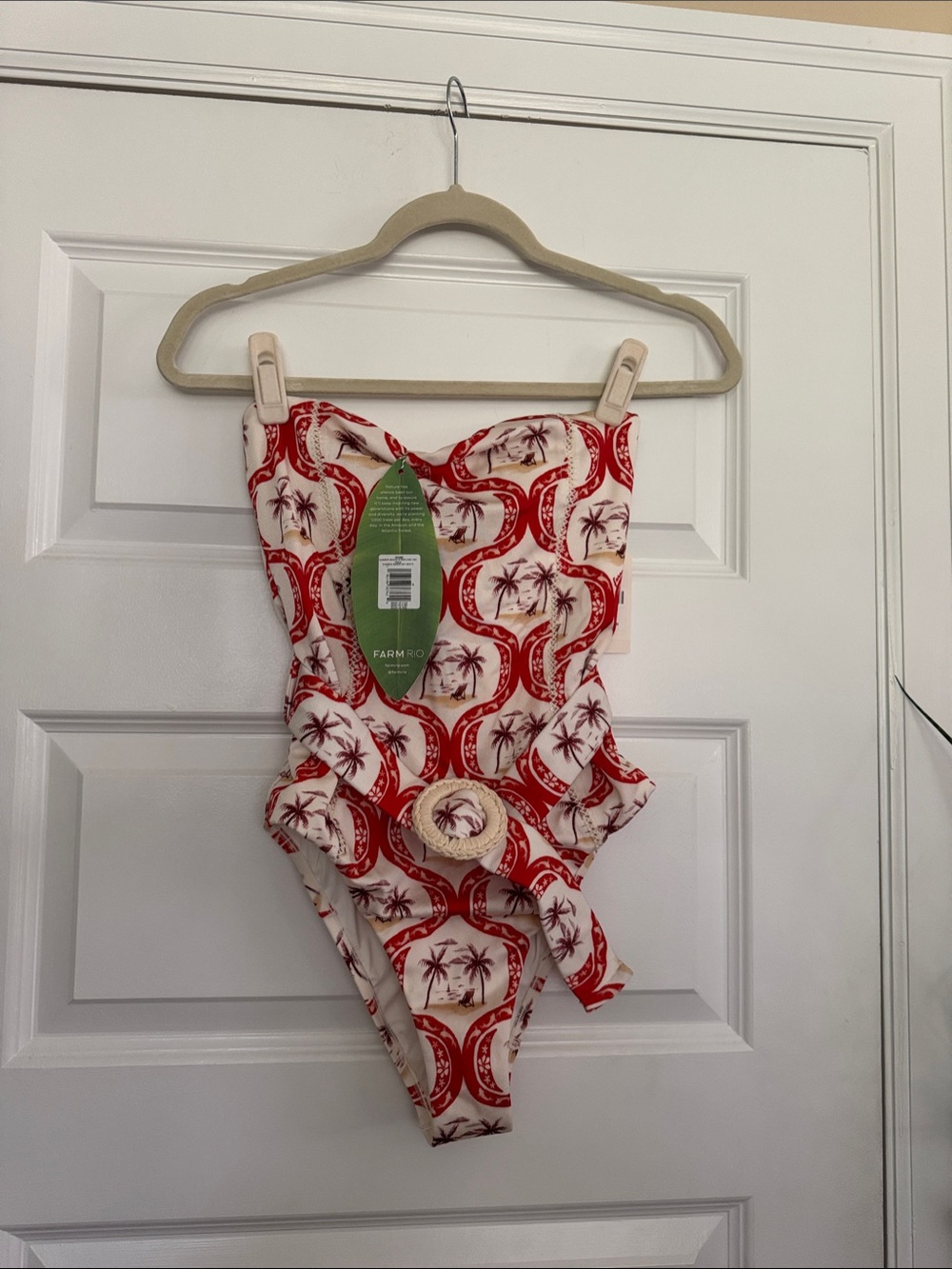 FARM Rio Red & Cream Palm-Print Strapless One-Piece